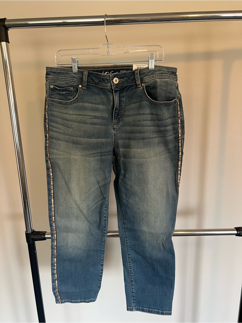 INC International Concepts Cropped Blue Denim Jeans with Sequin Side Trim